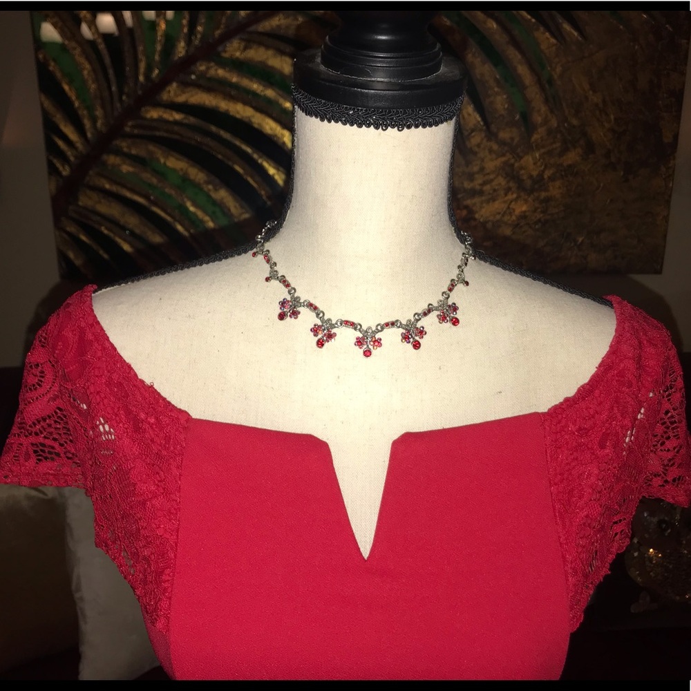 Red Lace Detail Asymmetric Dress - Picture 8 of 8